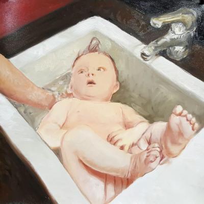 Le bain du bébé, huile sur toile 35x35 cm