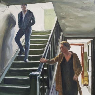 Dans l'escalier, huile sur toile 35x35 cm